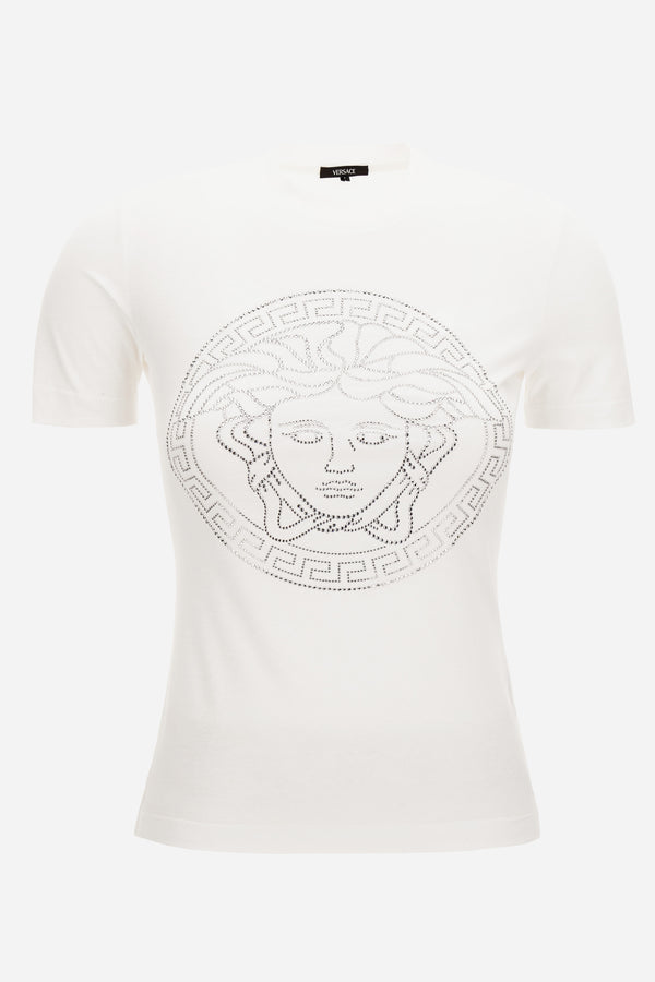 T-Shirt In Cotton Jersey Fabric With Medusa Rhinestone Embroidery-Studs