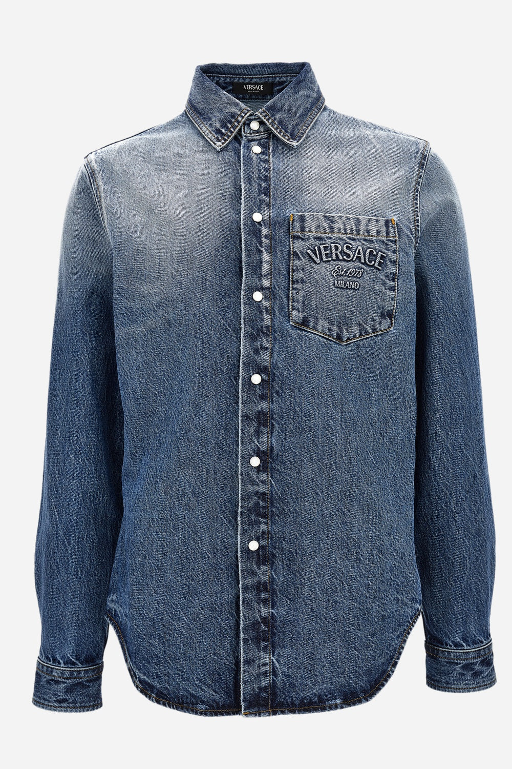 Shirt Denim In Stone Wash Blue Denim Fabric-Embossed Embroidery