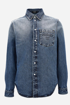 Shirt Denim In Stone Wash Blue Denim Fabric-Embossed Embroidery