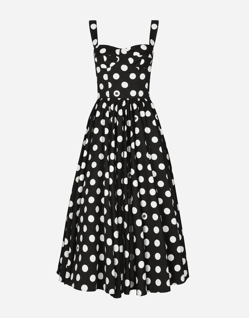 COTTON CALF-LENGTH CORSET DRESS WITH POLKA-DOT PRINT