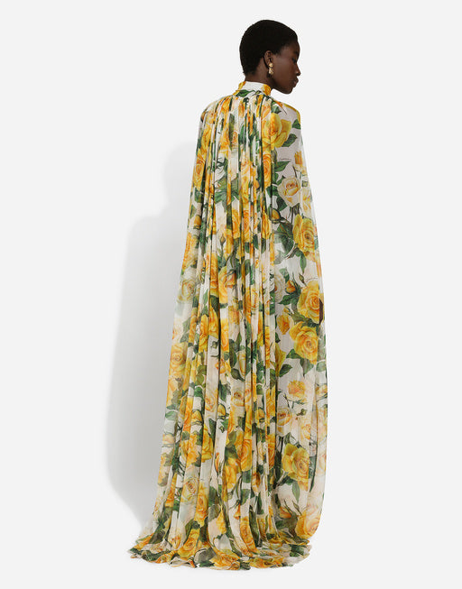 SILK CHIFFON CAPE WITH YELLOW ROSE PRINT