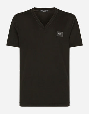 V-NECK COTTON T-SHIRT WITH LOGO PLAQUE