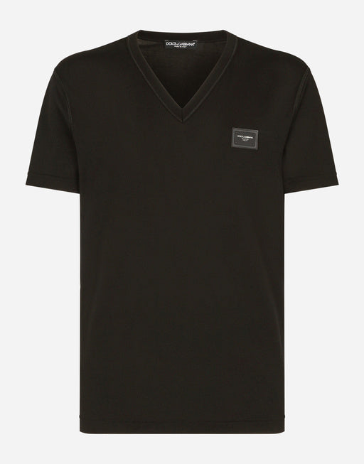 V-NECK COTTON T-SHIRT WITH LOGO PLAQUE