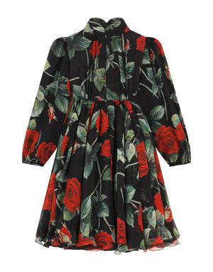 LONG ROSE-PRINT CHIFFON DRESS