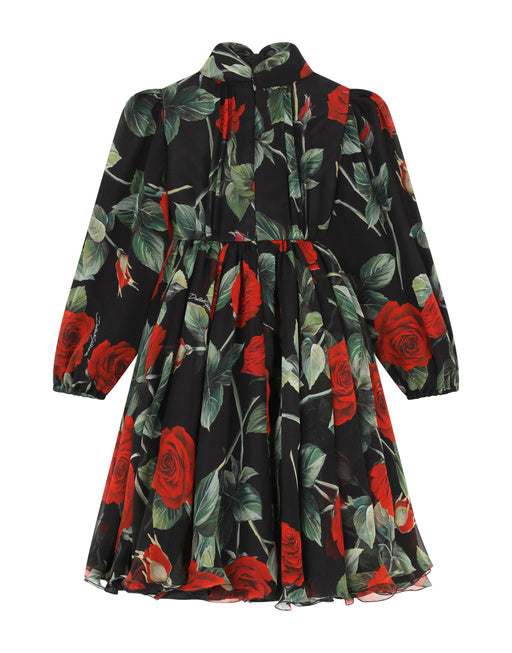 LONG ROSE-PRINT CHIFFON DRESS