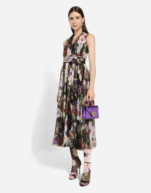 CHIFFON CALF-LENGTH DRESS WITH ROSE GARDEN PRINT
