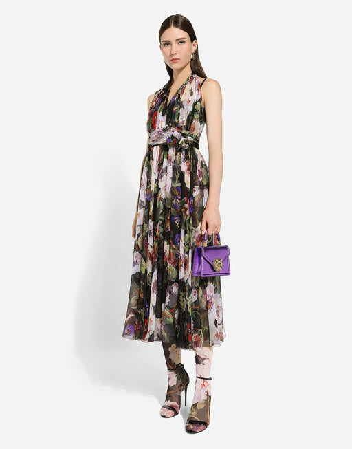 CHIFFON CALF-LENGTH DRESS WITH ROSE GARDEN PRINT