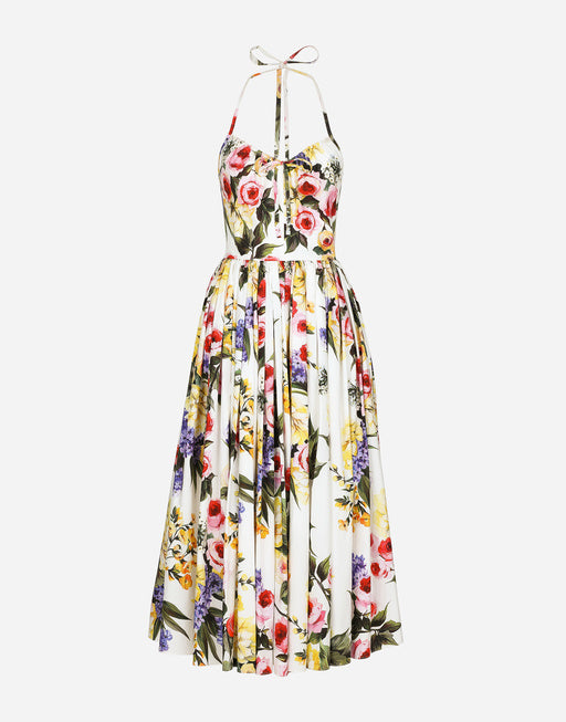 CALF-LENGTH COTTON DRESS WITH GARDEN PRINT