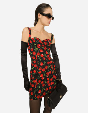 SHORT CHERRY-PRINT CHARMEUSE DRESS