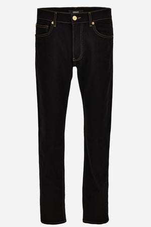 Pant Denim In Black Stretch Denim Fabric-Soft Wash-Versace Embroidery