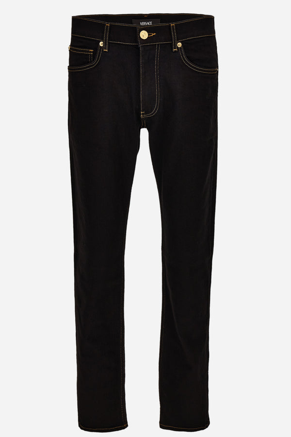 Pant Denim In Black Stretch Denim Fabric-Soft Wash-Versace Embroidery