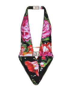 BELTED FLORAL-PRINT SWIMSUIT WITH PLUNGING NECKLINE
