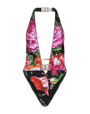 BELTED FLORAL-PRINT SWIMSUIT WITH PLUNGING NECKLINE