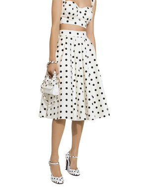COTTON DRILL CALF-LENGTH CIRCLE SKIRT WITH POLKA-DOT PRINT