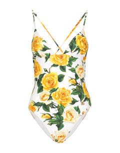 ONE-PIECE SWIMSUIT WITH PLUNGING NECKLINE AND YELLOW ROSE PRINT