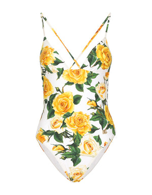 ONE-PIECE SWIMSUIT WITH PLUNGING NECKLINE AND YELLOW ROSE PRINT