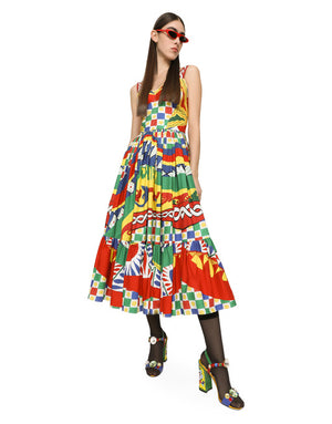 CALF-LENGTH BUSTIER DRESS IN CARRETTO-PRINT POPLIN