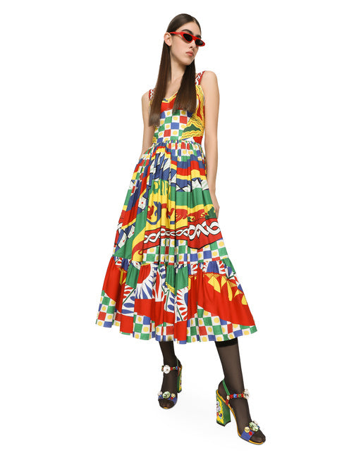 CALF-LENGTH BUSTIER DRESS IN CARRETTO-PRINT POPLIN