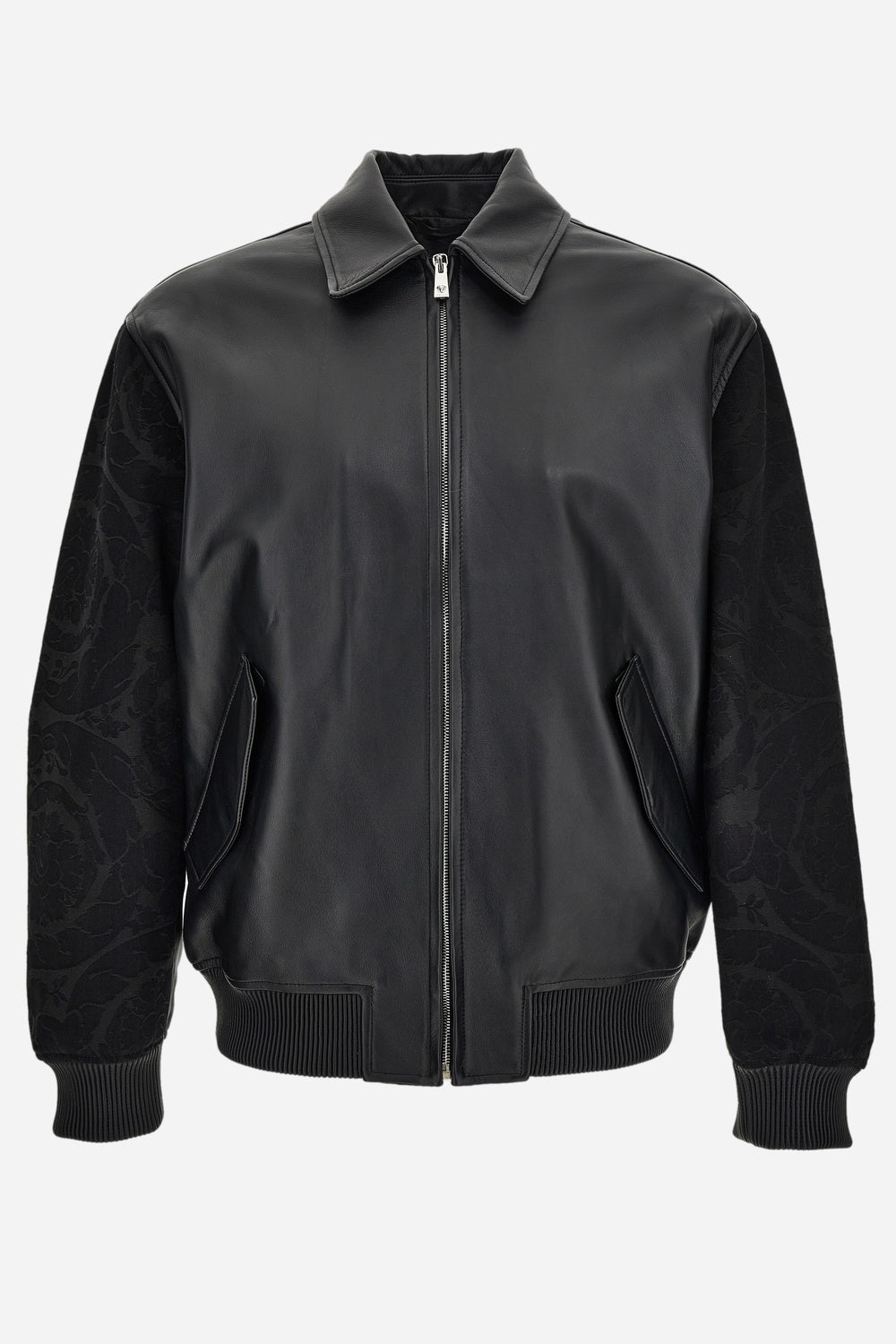 Blouson Leather In Combo Denim Jacquard Baroque-Leather
