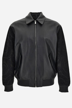 Blouson Leather In Combo Denim Jacquard Baroque-Leather