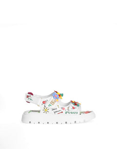 PRINTED CALFSKIN SANDALS WITH FLOWERS AND DG LOGO