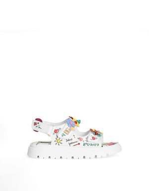 PRINTED CALFSKIN SANDALS WITH FLOWERS AND DG LOGO