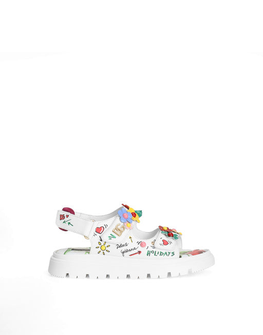 PRINTED CALFSKIN SANDALS WITH FLOWERS AND DG LOGO