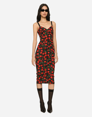 CHERRY-PRINT STRETCH CALF-LENGTH CORSET DRESS