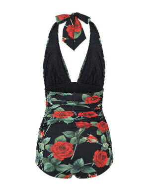 ROSE-PRINT ONE-PIECE SWIMSUIT WITH PLUNGING NECKLINE