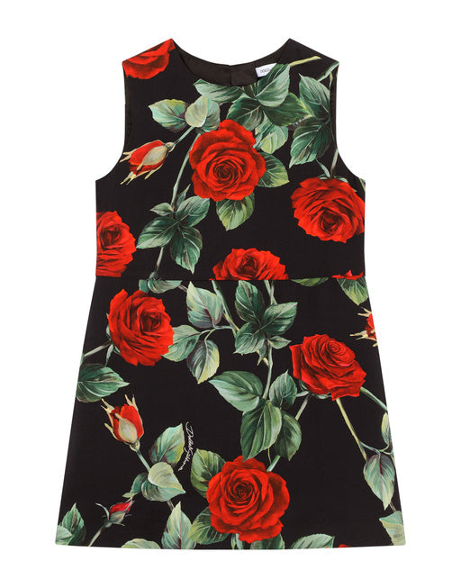 SHORT ROSE-PRINT VISCOSE DRESS