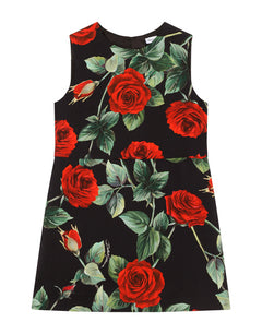 SHORT ROSE-PRINT VISCOSE DRESS