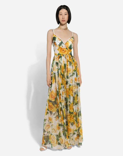 LONG SILK CHIFFON DRESS WITH YELLOW ROSE PRINT