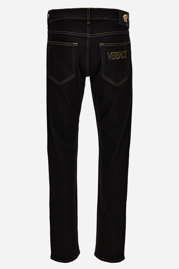 Pant Denim In Black Stretch Denim Fabric-Soft Wash-Versace Embroidery