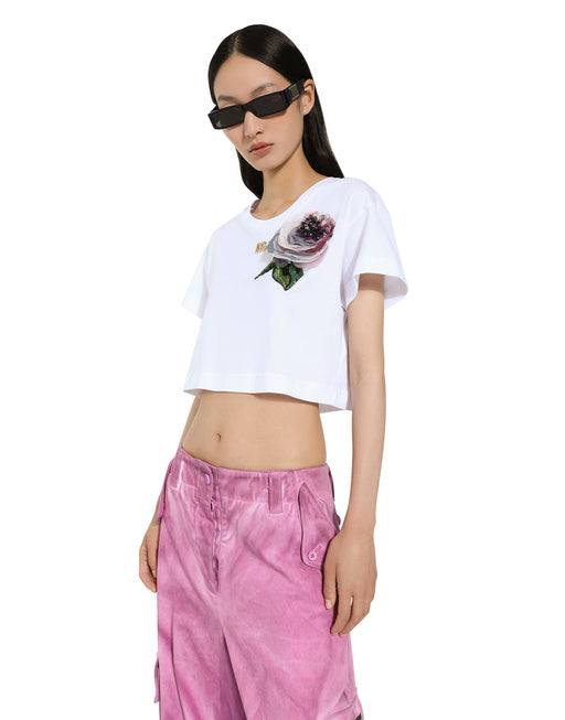 CROPPED JERSEY T-SHIRT WITH FLOWER APPLIQUÉ
