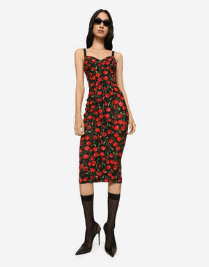 CHERRY-PRINT STRETCH CALF-LENGTH CORSET DRESS