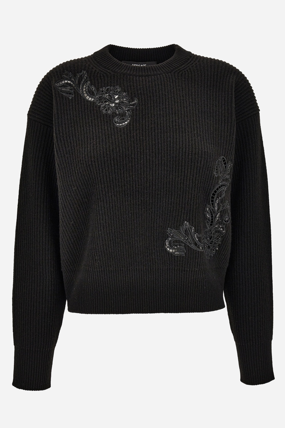 Knit Sweater In Barocco Leaf Embroidery + Sequins Leaf Rws Wool