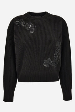 Knit Sweater In Barocco Leaf Embroidery + Sequins Leaf Rws Wool