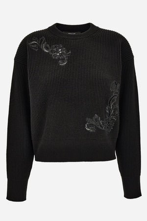 Knit Sweater In Barocco Leaf Embroidery + Sequins Leaf Rws Wool
