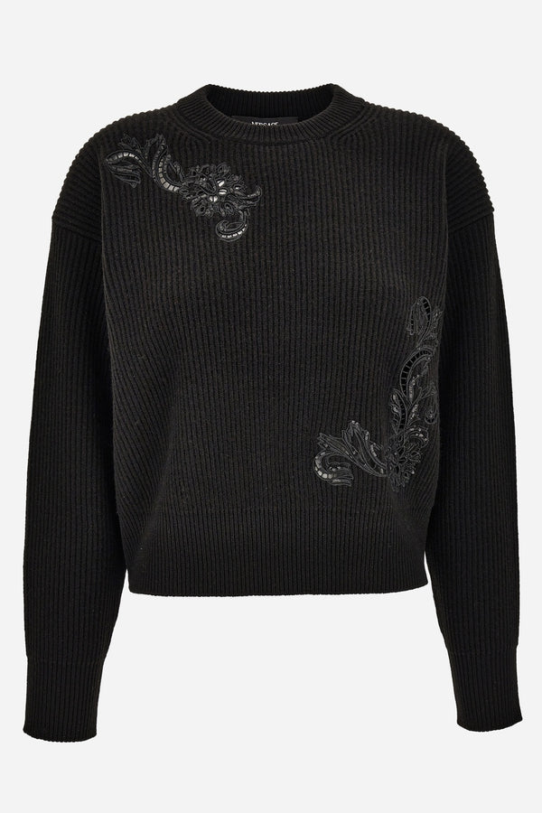Knit Sweater In Barocco Leaf Embroidery + Sequins Leaf Rws Wool