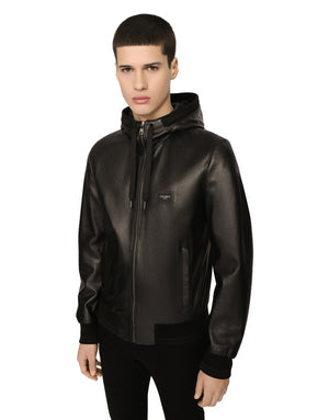 LEATHER JACKET WITH HOOD AND LOGO PLAQUE
