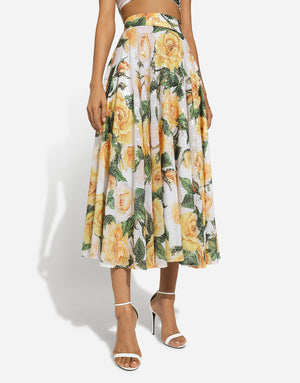 SEQUINED MIDI CIRCLE SKIRT WITH YELLOW ROSE PRINT