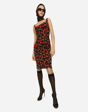 CHERRY-PRINT JERSEY MIDI DRESS