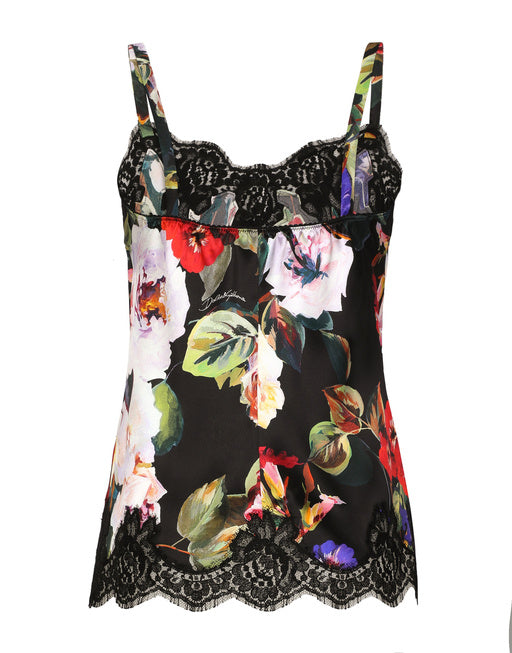 SATIN LINGERIE-STYLE TOP WITH ROSE GARDEN PRINT AND LACE DETAILING