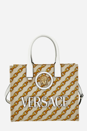 La Medusa Small Tote In Fabric St. Oblique Gold Chain Stripes-Calf Leather