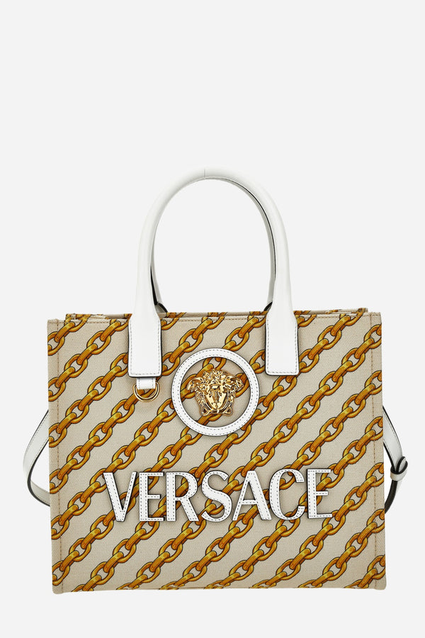 La Medusa Small Tote In Fabric St. Oblique Gold Chain Stripes-Calf Leather