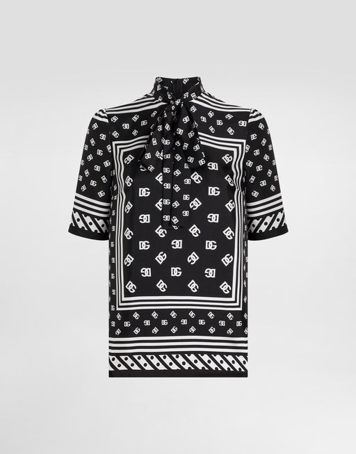 SHORT-SLEEVED SILK BLOUSE WITH PUSSY-BOW AND ALL-OVER DG LOGO SCARF PRINT