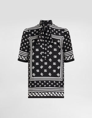 SHORT-SLEEVED SILK BLOUSE WITH PUSSY-BOW AND ALL-OVER DG LOGO SCARF PRINT