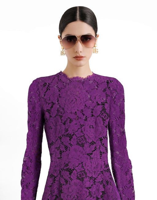 LONG-SLEEVED CALF-LENGTH DRESS IN BRANDED STRETCH LACE