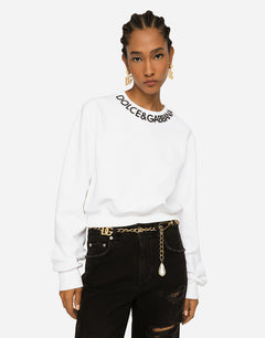 CROPPED JERSEY SWEATSHIRT WITH LOGO EMBROIDERY ON NECK