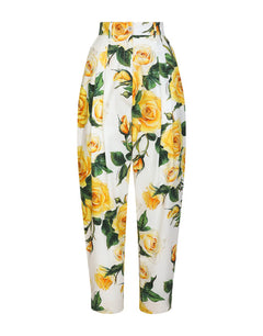 HIGH-WAISTED COTTON PANTS WITH YELLOW ROSE PRINT